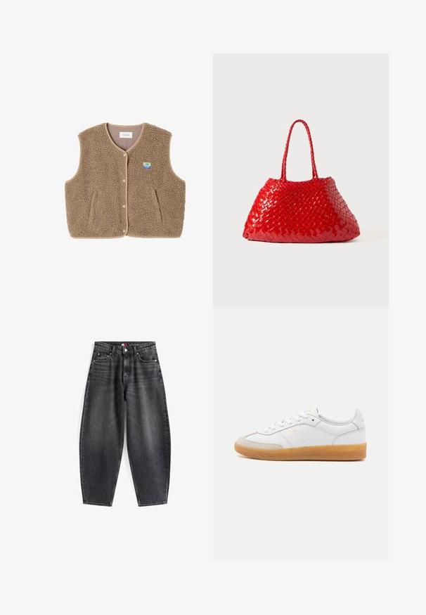 Pruun fliistekampsun pehmea tekstuuriga, ümar kaelus, eesnööbiga sulgemine ja küljetaskud; sisaldab väikest logo silti.; Hele sinine pikkade varrukatega polo-särk, millel on horisontaalsed hallid ja valged triibud ning krae.; Kõrgelt vööst mustad teksad, millel on lõdva lõige, viis taskut, vööloopidesse ja brändi silt vöökohtadel.; Valge nahast tenniseking, millel on beeži luksusliku sameti detailid, kummi kummist tald ja seotud disain. Esitleb diskreetset kuldset brändimist.; Punane kootud käekott läikiva viimistluse ja punutud käepidemetega. Silmatorkav kolmnurkne kuju ja tekstureeritud pind tiheda mustriga.