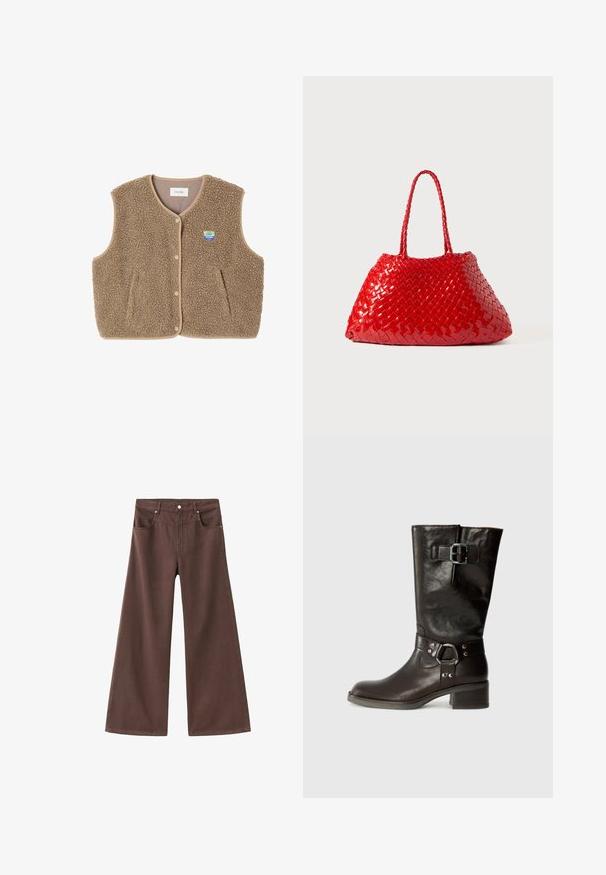 Hnědá fleecová vesta s jemnou texturou, kulatým výstřihem, předním zapínáním na patentky a bočními kapsami; má malou nášivku s logem.; Světle modrá polokošile s dlouhým rukávem, vodorovné šedé a bílé pruhy a límečkový výstřih.; Hnědé džíny s širokými nohavicemi vyrobené z denimu. Mají pět kapes, zipový klouzák a kovové nýty. Hladká textura a klasický design.; Hnědé kožené vysoké boty po kolena s kulatou špičkou, bočním detailem na sponě a masivním podpatkem. Hladká textura s kovovými akcenty na pásku.; Červená tkaná kabelka s lesklým povrchem, vybavená pletenými ušima. Výrazný trojúhelníkový tvar a texturovaný povrch s hustým vzorem.
