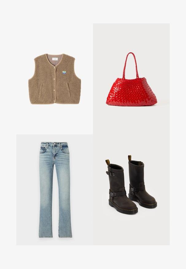 Brown fleece vest with a soft texture, rounded neckline, front snap closure, and side pockets; features a small logo patch.; Light blue long-sleeve polo shirt with horizontal gray and white stripes and a collared neckline.; Light blue denim jeans with a flared leg design, featuring five pockets, belt loops, and a faded finish.; Dark brown leather boots with a mid-calf design, yellow stitching, adjustable buckle straps, and pull tabs on the top. Textured finish.; Red woven handbag with glossy finish, featuring braided handles. Distinctive triangular shape and textured surface with a tight pattern.