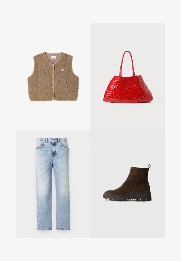 Ruskea fleece-liivi, jossa on pehmeä rakenne, pyöreä kaula-aukko, edessä nappisuljenta ja sivutaskut; sisältää pienen logopatchin.; Vaaleansininen pitkähihainen poolopaita, jossa on vaakasuoria harmaita ja valkoisia raitoja sekä kauluksen kanssa.; Vaaleansinisiä farkkuhousuja, joissa on suora leikkaus, kevyt kulutusviimeistely ja perinteinen viisi-taskurakenne. Klassinen vyötärönauha, jossa on nappi.; Ruskoharmaa nahkasaapas nilkkoihin, jossa on paksu musta kumipohja, hieno korko ja vetotappi takana helppoa pukemista varten.; Punottu punainen käsilaukku kiiltävällä pinnalla, jossa on letitetyt kahvat. Erityinen kolmiomainen muoto ja karheus tiheällä pinnalla.