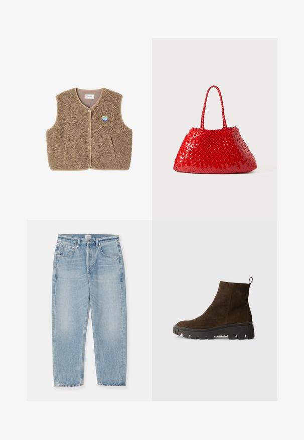 Brun fleeceväst med en mjuk textur, rundad halsringning, knappstängning fram och sidofickor; har en liten logopatch.; Ljusblå långärmad polo med horisontella grå och vita ränder samt krage.; Ljusblå denimjeans med ett slitet utseende, raka ben, fem fickor och knäppning. Rå nederkant vid anklarna.; Brun mocka ankelsko med en kraftig svart gummisula, med en lätt klack och en dragflik baktill för enkel påtagning.; Röd vävd handväska med glänsande yta, med flätade handtag. Distinkt triangulär form och texturerad yta med ett tätt mönster.