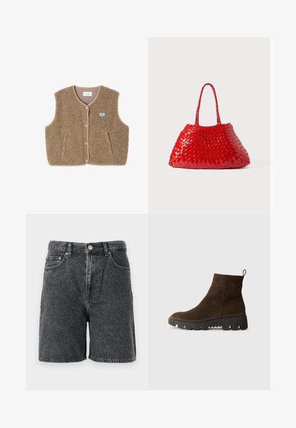 Brown fleece vest with a soft texture, rounded neckline, front snap closure, and side pockets; features a small logo patch.; Light blue long-sleeve polo shirt with horizontal gray and white stripes and a collared neckline.; Black washed denim shorts with belt loops, front button, zipper closure, and classic five-pocket design.; Brown suede ankle boot with a chunky black rubber sole, featuring a slight heel and a pull tab at the back for easy wear.; Red woven handbag with glossy finish, featuring braided handles. Distinctive triangular shape and textured surface with a tight pattern.