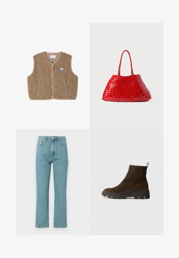 Rjav flis brezrokavnik z mehko teksturo, okroglim ovratnikom, sprednjim zapiranjem na pritiskače in stranskimi žepe; ima majhen logotip.; Svetlo modra dolgimi rokavi polo majica z vodoravnimi sivo-belimi črtami in ovratnikom.; Svijetloplave, visokog struka traperice ravnog kroja. Napravljene od denima, s prednjim džepovima i kopčanjem na dugme.; Rjavi zamšasti gležnjarji z debelim črnim gumijastim podplatom, ki imajo rahlo peto in zanka na hrbtni strani za lažno obuvanje.; Rdeča pletena torbica z sijočo površino, ki ima pletene ročaje. Edinstvena trikotna oblika in teksturirana površina z gostim vzorcem.