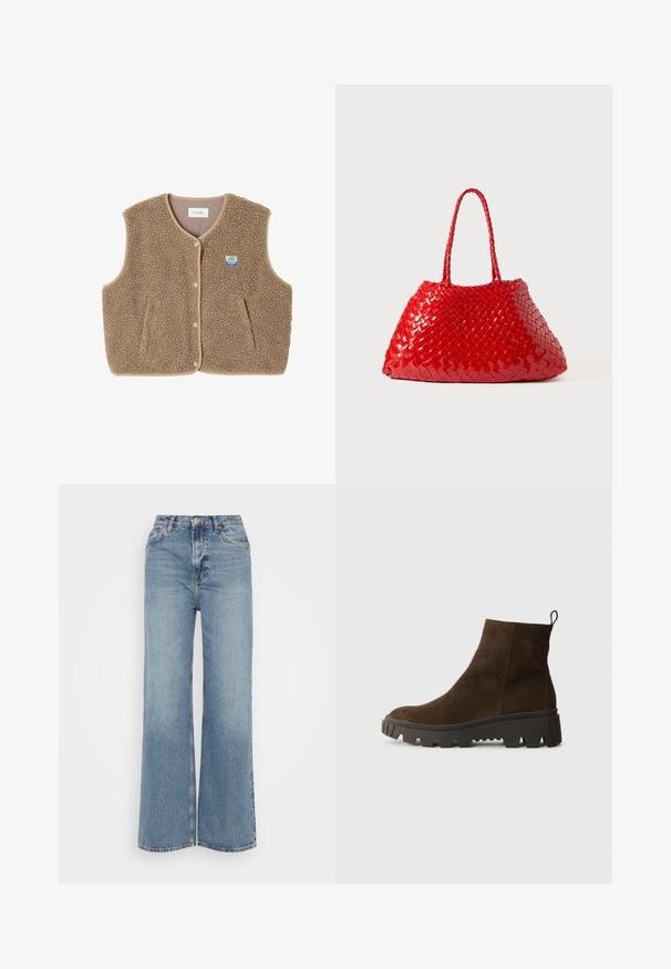 Bruine fleece vest met een zachte textuur, ronde halslijn, sluiting met drukknoop aan de voorkant en zijzakken; heeft een kleine logo patch.; Lichtblauwe polo met lange mouwen, voorzien van horizontale grijze en witte strepen en een kraag.; Samsøe Samsøe REBECCA - Wide leg - blue moon; Bruine suède enkellaars met een stevige zwarte rubberen zool, voorzien van een lichte hak en een trekband aan de achterkant voor eenvoudig aan- en uittrekken.; Rode geweven handtas met glanzende afwerking, voorzien van gevlochten handvatten. Kenmerkende driehoekige vorm en gestructureerd oppervlak met een strak patroon.