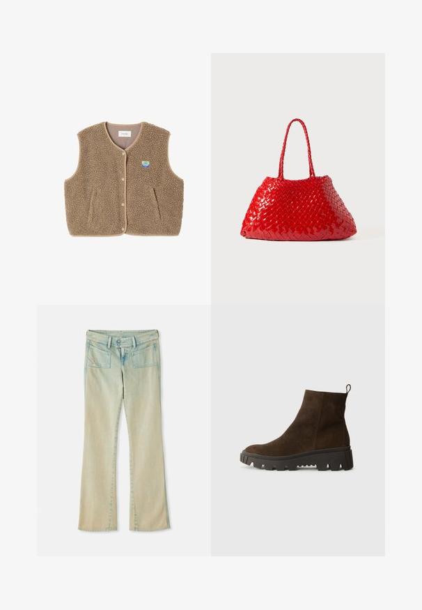 Gilet en polaire marron avec une texture douce, encolure ronde, fermeture à pression à l'avant et poches latérales ; présente un petit patch logo.; Polo shirt à manches longues bleu clair avec des rayures horizontales grises et blanches et un col.; Jean flare en denim bleu clair avec une finition délavée, présentant des passants de ceinture, deux poches avant et deux poches arrière avec des accents de couture.; Bottine en suède marron avec une semelle en caoutchouc noir épaisse, dotée d'un léger talon et d'une anse à l'arrière pour un enfilage facile.; Sac à main tissé rouge avec finition brillante, doté de poignées tressées. Forme triangulaire distinctive et surface texturée avec un motif serré.