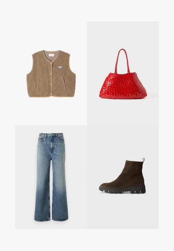 Hnedý fleecový vest s mäkkou štruktúrou, okrúhlym výstrihom, predným zapínaním na cvoky a bočnými vreckami; obsahuje malé logom.; Svetlomodrá polokošeľa s dlhými rukávmi, s horizontálnymi šedými a bielymi pruhmi a golierom.; Svetlomodré džíny s vysokým pásom, širokým strihom, s miernym zošúchaním a kontrastným prešívaním; majú predné vrecká a zapínanie na gombík.; Hnedé semišové členkové topánky s hrubou čiernou gumovou podrážkou, s mierne zvýšeným opätkom a s pútkom na zadnej strane pre jednoduché obliekanie.; Červená tkaná kabelka s lesklým povrchom, vybavená vrkôčkovými rukoväťami. Výrazný trojuholníkový tvar a textúrovaný povrch s hustým vzorom.
