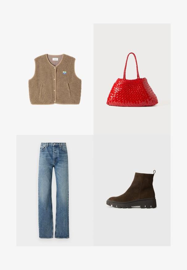 Chaleco de forro polar marrón con una textura suave, escote redondeado, cierre frontal de botones a presión y bolsillos laterales; presenta un pequeño parche con el logo.; Camisa polo de manga larga azul claro con rayas horizontales grises y blancas y un cuello tipo polo.; Vaqueros de tiro alto en azul claro con un diseño de pierna recta, fabricados en tela de mezclilla. Presentan un estilo clásico de cinco bolsillos y herrajes plateados.; Botín de ante marrón hasta el tobillo con una suela de goma negra gruesa, que presenta un ligero tacón y una lengüeta en la parte posterior para facilitar su puesta.; Bolso de mano tejido en rojo con acabado brillante, que presenta asas trenzadas. Forma triangular distintiva y superficie texturizada con un patrón apretado.