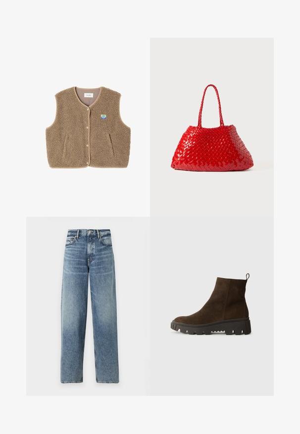 Brown fleece vest with a soft texture, rounded neckline, front snap closure, and side pockets; features a small logo patch.; Light blue long-sleeve polo shirt with horizontal gray and white stripes and a collared neckline.; Light blue denim jeans with a straight fit, high waist, and subtle fading. Features five pockets and a button closure.; Brown suede ankle boot with a chunky black rubber sole, featuring a slight heel and a pull tab at the back for easy wear.; Red woven handbag with glossy finish, featuring braided handles. Distinctive triangular shape and textured surface with a tight pattern.