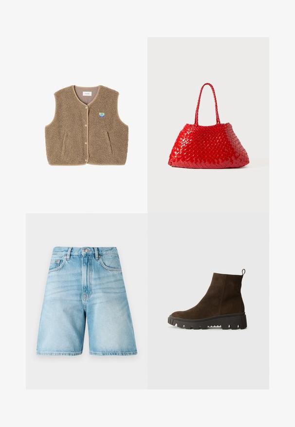 Hnědá fleecová vesta s jemnou texturou, kulatým výstřihem, předním zapínáním na patentky a bočními kapsami; má malou nášivku s logem.; Světle modrá polokošile s dlouhým rukávem, vodorovné šedé a bílé pruhy a límečkový výstřih.; Světle modré džíny šortky s volným střih, které mají pět kapes, poutka na opasek a vybledlou texturu. Lem je rovný a prošitý.; Hnědé semišové kotníkové boty s masivní černou gumovou podrážkou, s mírným podpatkem a s poutkem na zadní straně pro snadné obouvání.; Červená tkaná kabelka s lesklým povrchem, vybavená pletenými ušima. Výrazný trojúhelníkový tvar a texturovaný povrch s hustým vzorem.