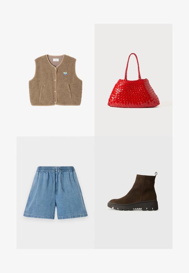 Rjav flis brezrokavnik z mehko teksturo, okroglim ovratnikom, sprednjim zapiranjem na pritiskače in stranskimi žepe; ima majhen logotip.; Svetlo modra dolgimi rokavi polo majica z vodoravnimi sivo-belimi črtami in ovratnikom.; Denim kratke hlače v svetlo modri barvi z elastičnim pasom in vrvico. Imajo stranske žepe in udoben kroj s prišitimi robovi.; Rjavi zamšasti gležnjarji z debelim črnim gumijastim podplatom, ki imajo rahlo peto in zanka na hrbtni strani za lažno obuvanje.; Rdeča pletena torbica z sijočo površino, ki ima pletene ročaje. Edinstvena trikotna oblika in teksturirana površina z gostim vzorcem.