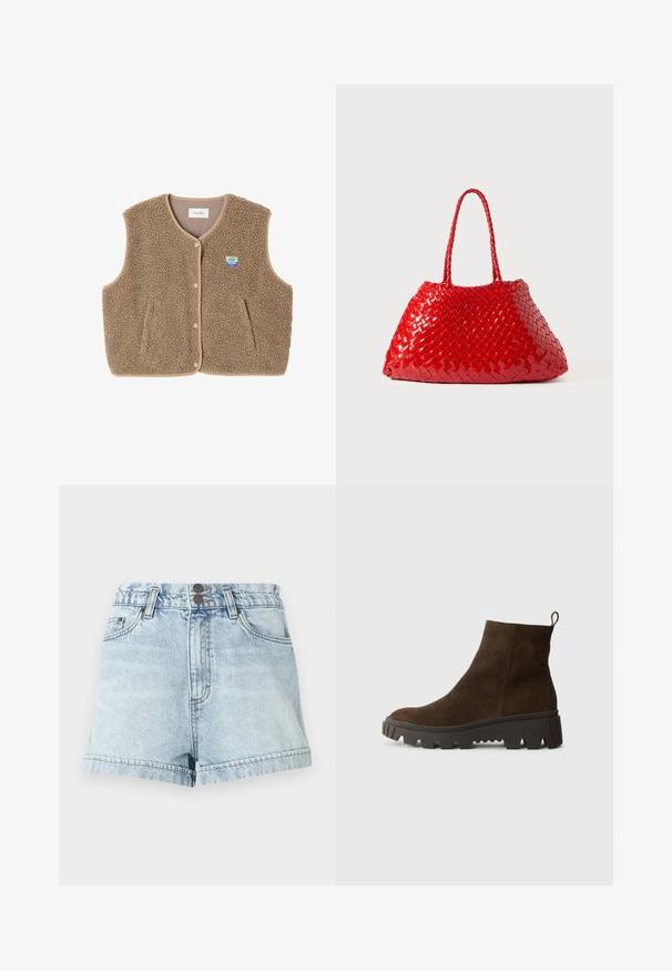 Hnedý fleecový vest s mäkkou štruktúrou, okrúhlym výstrihom, predným zapínaním na cvoky a bočnými vreckami; obsahuje malé logom.; Svetlomodrá polokošeľa s dlhými rukávmi, s horizontálnymi šedými a bielymi pruhmi a golierom.; Svetlo modré džínsové šortky s vysokým pásom, dvoma prednými vreckami, dvoma gombíkmi a zrolovanými lemami, s bledým umývaním a miernym strapkaním.; Hnedé semišové členkové topánky s hrubou čiernou gumovou podrážkou, s mierne zvýšeným opätkom a s pútkom na zadnej strane pre jednoduché obliekanie.; Červená tkaná kabelka s lesklým povrchom, vybavená vrkôčkovými rukoväťami. Výrazný trojuholníkový tvar a textúrovaný povrch s hustým vzorom.