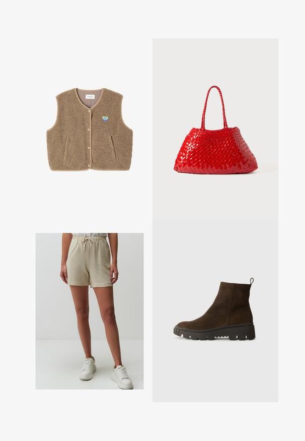 Gilet in felpa marrone con una texture morbida, scollo rotondo, chiusura frontale con bottoni a pressione e tasche laterali; presenta un piccolo logo ricamato.; Polo a maniche lunghe blu chiaro con righe orizzontali grigie e bianche e colletto.; Pantaloni corti beige realizzati in un tessuto leggero con una vita elastica e cordino. Abbinati a sneakers bianche su uno sfondo neutro.; Stivaletto in camoscio marrone con suola in gomma nera chunky, caratterizzato da un leggero tacco e una linguetta sul retro per una facile calzata.; Borsa intrecciata rossa con finitura lucida, dotata di manici intrecciati. Forma triangolare distintiva e superficie testurizzata con un motivo fitto.