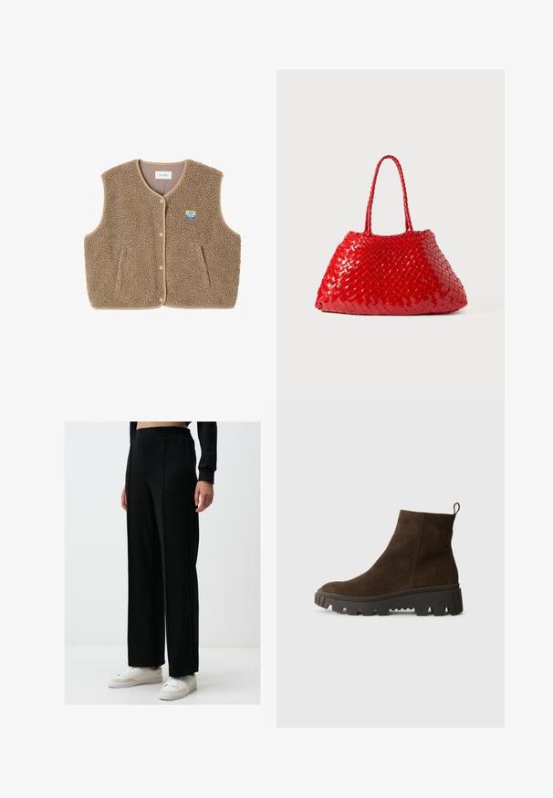 Brązowa kamizelka z polaru o miękkiej fakturze, z okrągłym dekoltem, z przodu na zatrzaski oraz z bocznymi kieszeniami; zawiera małą naszywkę z logo.; Jasnoniebieska, długosleeva polo z poziomymi szarymi i białymi paskami oraz kołnierzykiem.; Czarne spodnie o szerokich nogawkach z elastycznym paskiem, wykonane z gładkiego materiału; w połączeniu z białymi sneakersami z delikatnymi akcentami.; Brązowy zamszowy botek za kostkę z masywną czarną gumową podeszwą, posiadający lekki obcas i pętelkę z tyłu ułatwiającą zakładanie.; Czerwona pleciona torba o błyszczącej powierzchni, z plecionymi uchwytami. Charakterystyczny trójkątny kształt i teksturowana powierzchnia z ciasnym wzorem.