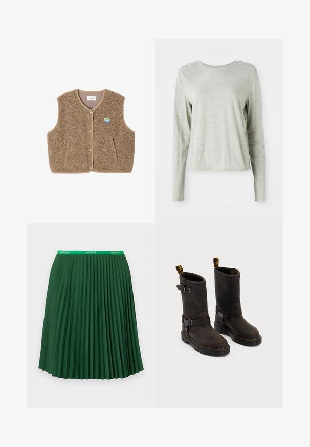 Brun fleeceväst med en mjuk textur, rundad halsringning, knappstängning fram och sidofickor; har en liten logopatch.; Ljust grå långärmad skjorta av mjukt tyg, med rund halsringning och avslappnad passform. Söm detaljer längs sidorna.; Grön plisserad kjol tillverkad av tyg med en slät textur; har en midja med grön Lacoste-logga och når till mitt på vaden.; Mörkbruna läderstövlar med medellång design, gula sömmar, justerbara spännband och dragflikar upptill. Texturerad yta.