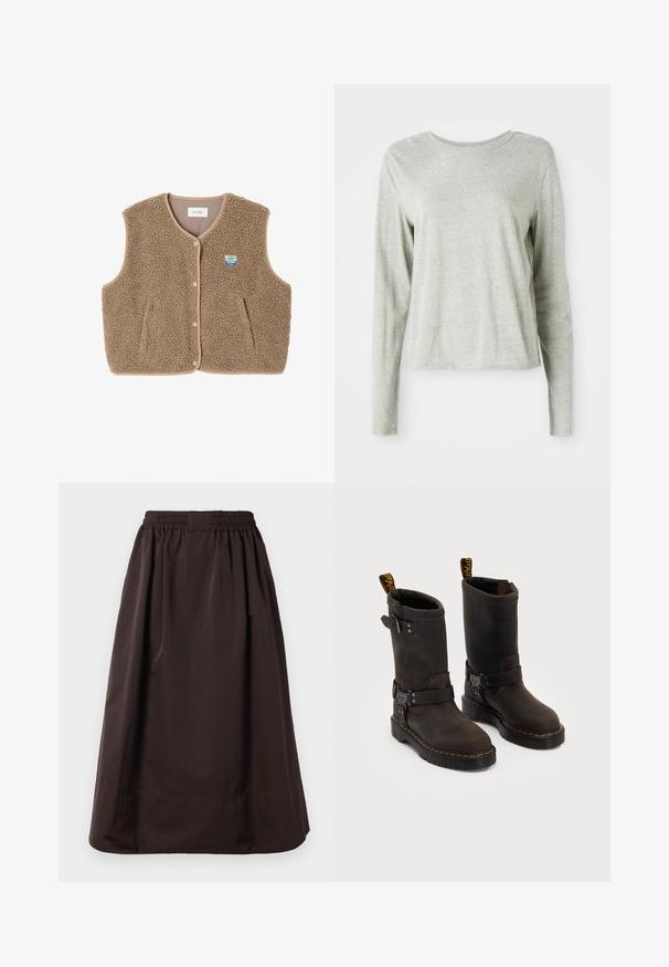 Bruine fleece vest met een zachte textuur, ronde halslijn, sluiting met drukknoop aan de voorkant en zijzakken; heeft een kleine logo patch.; Lichtgrijs shirt met lange mouwen, gemaakt van zachte stof, met een ronde halslijn en een relaxte pasvorm. Naaddetails langs de zijkanten.; Bruine midi-lengte rok met elastische tailleband en brede zoomdetail, gemaakt van een gladde stof met subtiele plooien onder de taille.; Donkerbruin leren laarzen met een ontwerp tot halverwege de kuit, gele stiksels, verstelbare gespbanden en trekflappen aan de bovenkant. Gestructureerde afwerking.