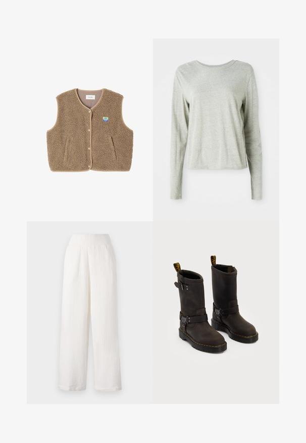 Brun fleece vest med en blød tekstur, rund halsudskæring, frontsnaplukning og sidelommer; har et lille logo patch.; Lys grå langærmet skjorte lavet af blødt stof, med rund halsudskæring og en afslappet pasform. Syninger langs siderne.; Hvide bukser med vidde i benene og en tekstureret, krøllet stof. Har et elastisk liv og sidelommer for bekvemmelighed.; Mørkebrune læderstøvler med en midt-lægre design, gule syninger, justerbare spænder og trækflapper på toppen. Struktureret finish.