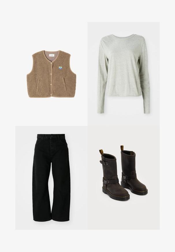 Pruun fliistekampsun pehmea tekstuuriga, ümar kaelus, eesnööbiga sulgemine ja küljetaskud; sisaldab väikest logo silti.; Heledane hallide särk pikkade varrukatega, pehmest kangast, ümmarguse kaelusega ja mugava lõikega. Õmblusdetailid külgedel.; Mustad laiad jäänukid mustadest denimist, millel on kõrge vöökoht. Omab viit taskut ja eesnuppude sulgemist. Sile tekstuur ja puhtad jooned.; Tumedate pruunid nahast saapad keskmise kannaga, kollased õmblused, reguleeritavad klambrid ja tõmblukud ülaosas. Marmoreeritud viimistlus.