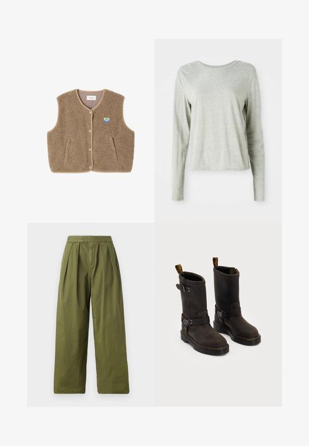 Rudas pūkų liemenė su minkšta tekstūra, suapvalintu apykakle, priekiniais spaudžiamaisiais užtrauktukais ir šoninėmis kišenėmis; turi mažą logotipo etikėtę.; Šviesiai pilkas ilgomis rankovėmis marškinėliai, pagaminti iš minkštos medžiagos, su apvaliomis iškirpėmis ir laisvu siluetu. Siūlų detalės šonuose.; Alyvuogių žalumo pločio kojų kelnės, pagamintos iš lengvos medžiagos, su klostėmis ties juo, be siūlių ir kišenių.; Tamsiai rudos odinės botai su vidutinio ilgio dizainu iki blauzdos, geltonomis siūlėmis, reguliuojamais sagtelėmis ir užtrauktukais viršuje. Tekstūruotas paviršius.