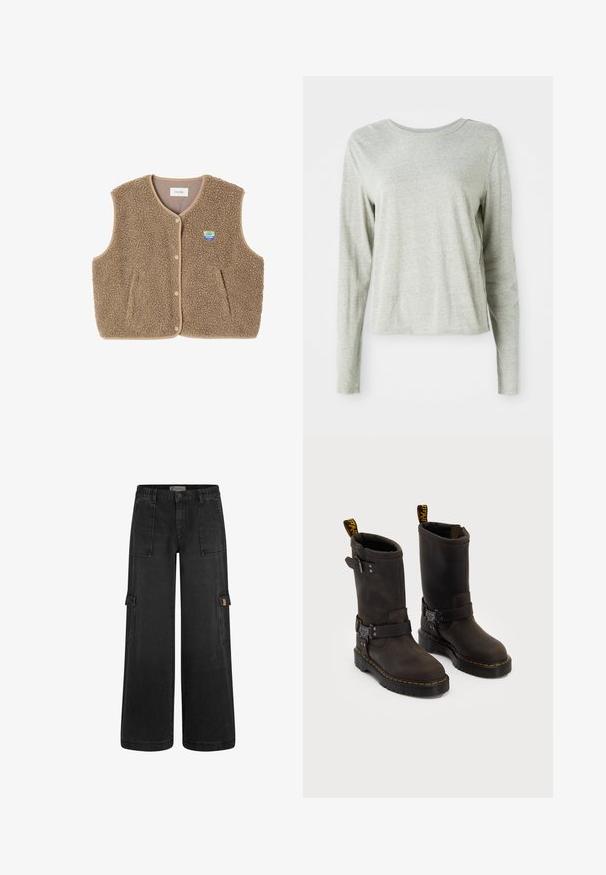 Bruine fleece vest met een zachte textuur, ronde halslijn, sluiting met drukknoop aan de voorkant en zijzakken; heeft een kleine logo patch.; Lichtgrijs shirt met lange mouwen, gemaakt van zachte stof, met een ronde halslijn en een relaxte pasvorm. Naaddetails langs de zijkanten.; Zwarte cargobroek met een ontspannen pasvorm, elastische tailleband, meerdere voorzakken en zijvakjes. Gemaakt van duurzaam denim materiaal.; Donkerbruin leren laarzen met een ontwerp tot halverwege de kuit, gele stiksels, verstelbare gespbanden en trekflappen aan de bovenkant. Gestructureerde afwerking.