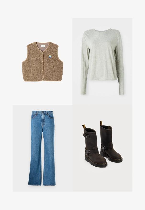 Rjav flis brezrokavnik z mehko teksturo, okroglim ovratnikom, sprednjim zapiranjem na pritiskače in stranskimi žepe; ima majhen logotip.; Svetlo siva majica z dolgimi rokavi, izdelana iz mehkega materiala, s krožnim ovratnikom in sproščenim krojem. Šivi ob straneh.; Svjetloplave traperice s izbačenim krojem imaju visok struk, prednje džepove i klasične šavove. Tkanina ima teksturiranu površinu.; Temno rjave usnjene čevlje s srednje dolgim dizajnom, rumenimi šivi, nastavljivimi sponkami in zanka za vlečenje na vrhu. Tekstura na površini.