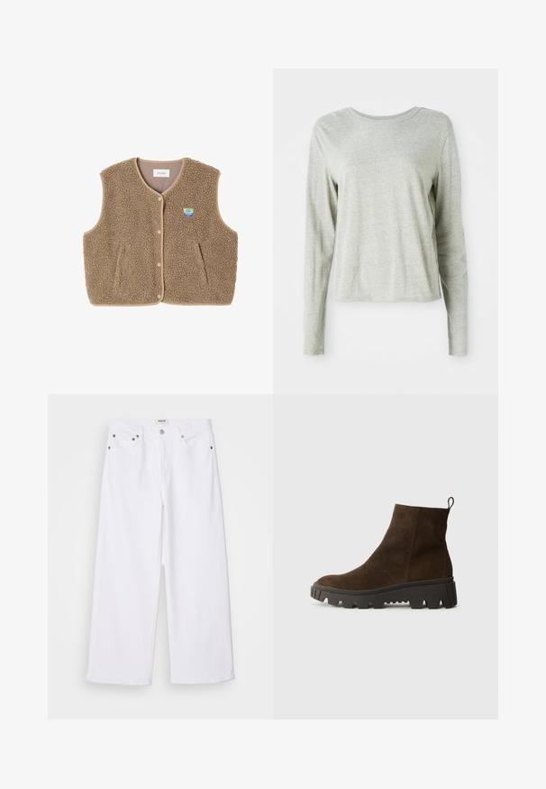 Gilet en polaire marron avec une texture douce, encolure ronde, fermeture à pression à l'avant et poches latérales ; présente un petit patch logo.; Chemise à manches longues grise claire en tissu doux, avec un col rond et une coupe décontractée. Détails de couture le long des côtés.; Jean blanc à jambe large en denim, comportant un design à cinq poches, des garnitures en métal et une taille haute, avec une finition propre au niveau de l'ourlet.; Bottine en suède marron avec une semelle en caoutchouc noir épaisse, dotée d'un léger talon et d'une anse à l'arrière pour un enfilage facile.