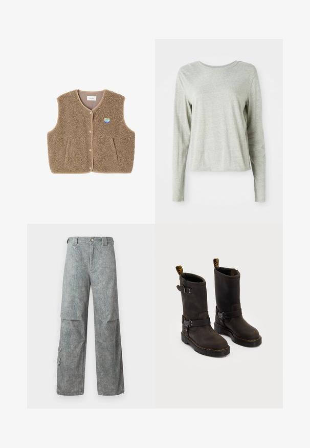 Brūns flīsa žakets ar mīkstu tekstūru, noapaļotu kakla izgriezumu, priekšējo spiedpogu aizdari un sānu kabatām; tam ir maza logo uzšuve.; Gai pelēkā krāsa ar garām piedurknēm, izgatavota no mīksta auduma, ar apaļu kakla izgriezumu un brīvu piegriezumu. Šuves detaļas gar malām.; Gaiši zilas kravas bikses, kas izgatavotas no teksturēta denima ar brīvu piegriezumu, ar lielām sānu kabatām un pogu aizdari jostasvietā.; Tumši brūni ādas zābaki ar vidukļa dizainu, dzelteni izšuvumi, regulējamas sprādzes un cilpas augšpusē. Strukturēta apdare.