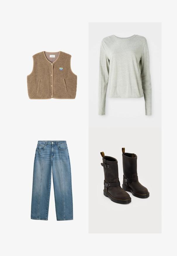 Brun fleeceväst med en mjuk textur, rundad halsringning, knappstängning fram och sidofickor; har en liten logopatch.; Ljust grå långärmad skjorta av mjukt tyg, med rund halsringning och avslappnad passform. Söm detaljer längs sidorna.; Ljusblå denimjeans med vida ben och hög midja. Har en klassisk femfickorsdesign och sydda frontpaneler för extra detalj.; Mörkbruna läderstövlar med medellång design, gula sömmar, justerbara spännband och dragflikar upptill. Texturerad yta.