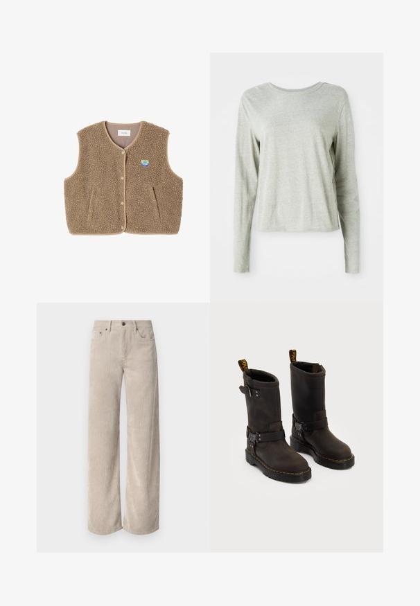Hnědá fleecová vesta s jemnou texturou, kulatým výstřihem, předním zapínáním na patentky a bočními kapsami; má malou nášivku s logem.; Světle šedá košile s dlouhým rukávem vyrobená z měkké tkaniny, s kulatým výstřihem a uvolněným střihem. Švy podél boků.; Béžové kordové kalhoty s širokými nohavicemi a vertikálními pruhy, se zapínáním na knoflík a předními kapsami. Měkká, texturovaná tkanina s uvolněným střihem.; Tmavě hnědé kožené boty se středně dlouhým designem, žlutým prošíváním, nastavovacími přezkami a poutky na vršku. Texturovaný povrch.