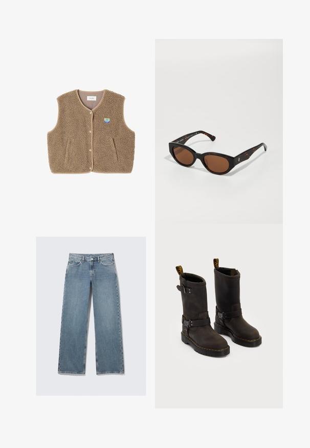 Bruine fleece vest met een zachte textuur, ronde halslijn, sluiting met drukknoop aan de voorkant en zijzakken; heeft een kleine logo patch.; Lichtgrijs shirt met lange mouwen, gemaakt van zachte stof, met een ronde halslijn en een relaxte pasvorm. Naaddetails langs de zijkanten.; Lichtblauwe hoog aangesloten rechte jeans met voorzakken, riemlussen en een knoopsluiting op een witte achtergrond.; Donkerbruin leren laarzen met een ontwerp tot halverwege de kuit, gele stiksels, verstelbare gespbanden en trekflappen aan de bovenkant. Gestructureerde afwerking.; Zwarte schildpadvormige zonnebril met bruine lenzen, hoekig ontwerp en brede armen met een subtiele logo-detail. Soepele kunststof textuur.