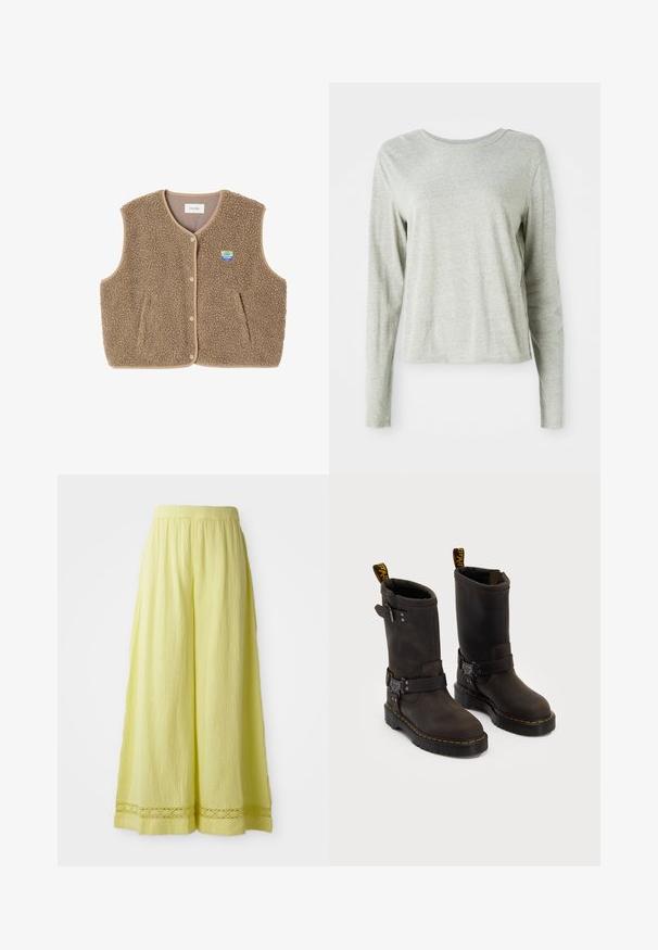 Brun fleece vest med en blød tekstur, rund halsudskæring, frontsnaplukning og sidelommer; har et lille logo patch.; Lys grå langærmet skjorte lavet af blødt stof, med rund halsudskæring og en afslappet pasform. Syninger langs siderne.; Gule brede bukser lavet af tekstureret stof med elastisk talje. Har en hækle-lignende detalje ved kanten.; Mørkebrune læderstøvler med en midt-lægre design, gule syninger, justerbare spænder og trækflapper på toppen. Struktureret finish.
