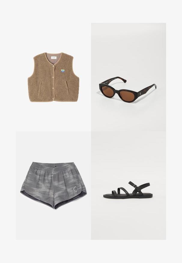 Brauner Fleece-Weste mit weicher Textur, runder Ausschnitt, vorderer Druckverschluss und Seitentaschen; verfügt über ein kleines Logo-Patch.; Helles graues Langarmshirt aus weichem Stoff, mit einem runden Halsausschnitt und lockerem Schnitt. Nahtdetails an den Seiten.; Graue Sportshorts mit einem wellenförmigen Muster, elastischem Bund und seitlichen Schlitzen für mehr Flexibilität. Verfügt über ein kleines, weißes Logo am Saum.; Schwarze Ledersandalen mit drei breiten Riemen über dem Fuß und einem verstellbaren Knöchelriemen. Flache Sohle mit minimalem Profil. Schlichtes Design.; Schwarze Schildpatt-Sonnenbrille mit braunen Gläsern, eckigem Design und breiten Bügeln, die ein dezentes Logo-Detail aufweisen. Glatte Kunststoffoberfläche.; Webte helle Tasche mit einem netzartigen Design, ausgestattet mit zwei geflochtenen Tragegriffen und einem Kordelzugverschluss, akzentuiert mit dunklen Perlendetails.