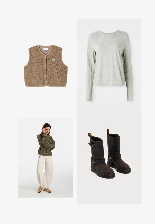 Rudas pūkų liemenė su minkšta tekstūra, suapvalintu apykakle, priekiniais spaudžiamaisiais užtrauktukais ir šoninėmis kišenėmis; turi mažą logotipo etikėtę.; Šviesiai pilkas ilgomis rankovėmis marškinėliai, pagaminti iš minkštos medžiagos, su apvaliomis iškirpėmis ir laisvu siluetu. Siūlų detalės šonuose.; Free People GOOD LUCK MID RISE BARREL - Laisvo kirpimo džinsai - beige; Tamsiai rudos odinės botai su vidutinio ilgio dizainu iki blauzdos, geltonomis siūlėmis, reguliuojamais sagtelėmis ir užtrauktukais viršuje. Tekstūruotas paviršius.