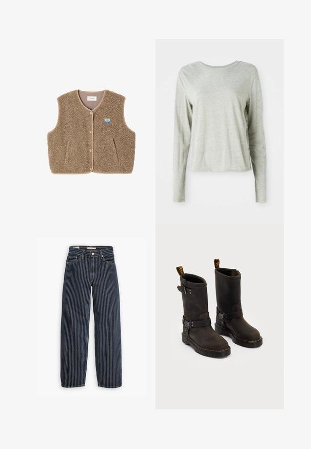 Brūns flīsa žakets ar mīkstu tekstūru, noapaļotu kakla izgriezumu, priekšējo spiedpogu aizdari un sānu kabatām; tam ir maza logo uzšuve.; Gai pelēkā krāsa ar garām piedurknēm, izgatavota no mīksta auduma, ar apaļu kakla izgriezumu un brīvu piegriezumu. Šuves detaļas gar malām.; Levi's® BAGGY DAD - Brīva piegriezuma džinsi - partly masked lb; Tumši brūni ādas zābaki ar vidukļa dizainu, dzelteni izšuvumi, regulējamas sprādzes un cilpas augšpusē. Strukturēta apdare.