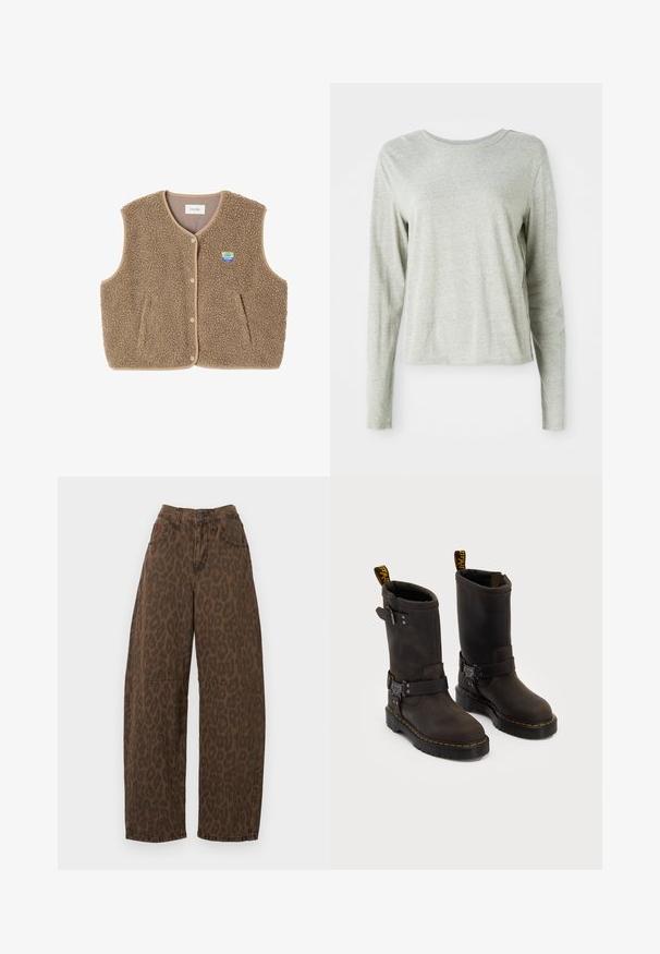 Rudas pūkų liemenė su minkšta tekstūra, suapvalintu apykakle, priekiniais spaudžiamaisiais užtrauktukais ir šoninėmis kišenėmis; turi mažą logotipo etikėtę.; Šviesiai pilkas ilgomis rankovėmis marškinėliai, pagaminti iš minkštos medžiagos, su apvaliomis iškirpėmis ir laisvu siluetu. Siūlų detalės šonuose.; Rudos leopardų rašto plačių kojų džinsai su aukštu liemeniu, mygtukų uždarymu ir dviem priekinėmis kišenėmis. Pagaminti iš džinsinio audinio su lygiu paviršiumi.; Tamsiai rudos odinės botai su vidutinio ilgio dizainu iki blauzdos, geltonomis siūlėmis, reguliuojamais sagtelėmis ir užtrauktukais viršuje. Tekstūruotas paviršius.