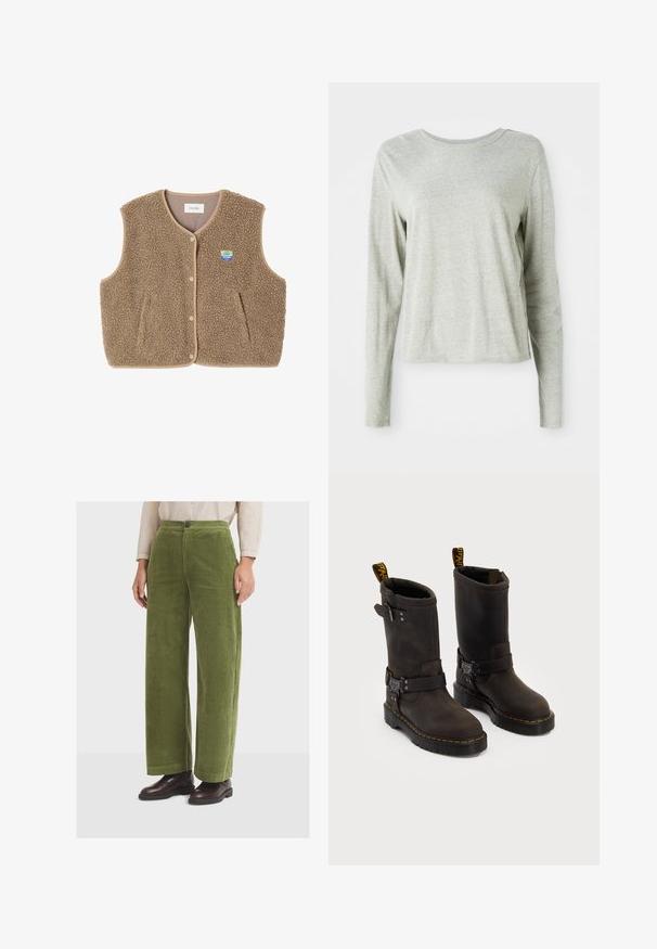 Hnědá fleecová vesta s jemnou texturou, kulatým výstřihem, předním zapínáním na patentky a bočními kapsami; má malou nášivku s logem.; Světle šedá košile s dlouhým rukávem vyrobená z měkké tkaniny, s kulatým výstřihem a uvolněným střihem. Švy podél boků.; Zelené kordové kalhoty širokého střihu s vysokým pasem a předními kapsami, s jedním knoflíkem na zapínání a texturovaným, vroubkovaným povrchem.; Tmavě hnědé kožené boty se středně dlouhým designem, žlutým prošíváním, nastavovacími přezkami a poutky na vršku. Texturovaný povrch.