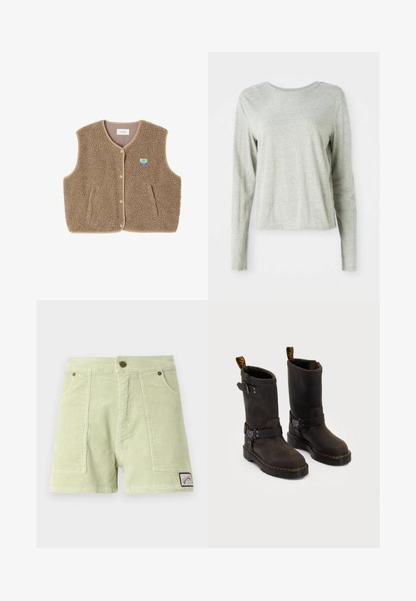 Brązowa kamizelka z polaru o miękkiej fakturze, z okrągłym dekoltem, z przodu na zatrzaski oraz z bocznymi kieszeniami; zawiera małą naszywkę z logo.; Jasnoszara koszula z długim rękawem, wykonana z miękkiego materiału, z okrągłym dekoltem i luźnym krojem. Szczegóły szwów po bokach.; Szorty z kordurowej tkaniny w jasnym zielonym kolorze, z prążkowaną teksturą, dwiema przednimi kieszeniami, naszywką na plecach oraz metalowymi guzikami.; Ciemnobrązowe skórzane buty z projektu do połowy łydki, żółte szwy, regulowane paski z klamrami oraz pętle do zakupu na górze. Teksturowane wykończenie.