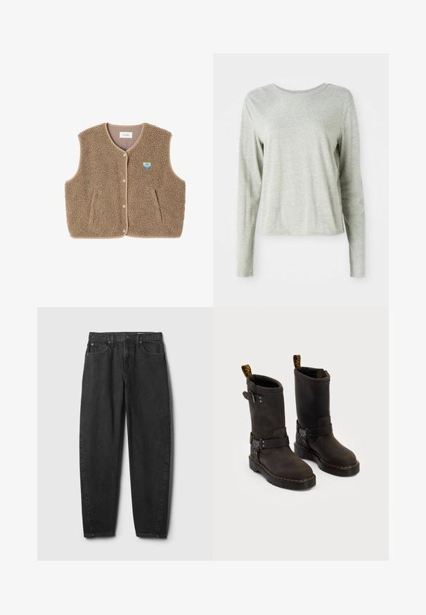 Ruskea fleece-liivi, jossa on pehmeä rakenne, pyöreä kaula-aukko, edessä nappisuljenta ja sivutaskut; sisältää pienen logopatchin.; Vaaleanharmaa pitkähihaista paitaa, jossa on pehmeä materiaali, pyöreä pääntie ja rento istuvuus. Saumat yksityiskohtina sivuilla.; Musta denimi-farkut suoralla lahkeella, joissa on viisi taskua, napillinen sulkeminen ja hillitty tikkauskoristelu. Klassinen muotoilu ja rakenne.; Tummanruskeat nahkakengät, joissa on keskipolven pituinen muotoilu, keltaiset ompeleet, säädettävät solkihihnat ja vetonauhat ylhäällä. Rapeutettu pinta.