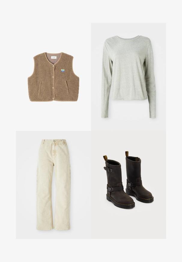Gilet en polaire marron avec une texture douce, encolure ronde, fermeture à pression à l'avant et poches latérales ; présente un petit patch logo.; Chemise à manches longues grise claire en tissu doux, avec un col rond et une coupe décontractée. Détails de couture le long des côtés.; Pantalons en denim beige à jambes larges avec taille haute, dotés d'une fermeture à boutons et zippée à l'avant, de passants de ceinture et de poches latérales. Texture douce.; Bottes en cuir marron foncé au design mi-mollet, avec des coutures jaunes, des sangles à boucle réglables et des tirettes en haut. Fini texturé.