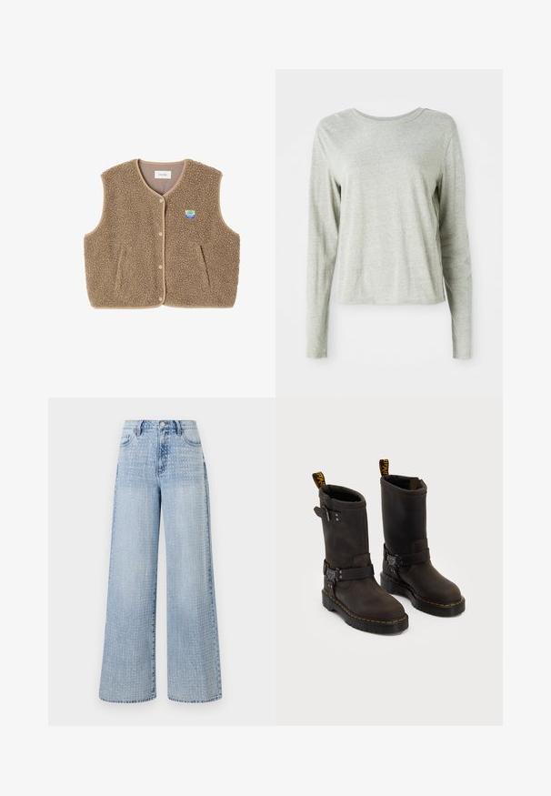 Brūns flīsa žakets ar mīkstu tekstūru, noapaļotu kakla izgriezumu, priekšējo spiedpogu aizdari un sānu kabatām; tam ir maza logo uzšuve.; Gai pelēkā krāsa ar garām piedurknēm, izgatavota no mīksta auduma, ar apaļu kakla izgriezumu un brīvu piegriezumu. Šuves detaļas gar malām.; Gaišzili platās džinsās, kas izgatavotas no denima, ar punktu rakstu uz auduma un augsto jostasvietu, kā arī klasisko piecu kabatu dizainu.; Tumši brūni ādas zābaki ar vidukļa dizainu, dzelteni izšuvumi, regulējamas sprādzes un cilpas augšpusē. Strukturēta apdare.