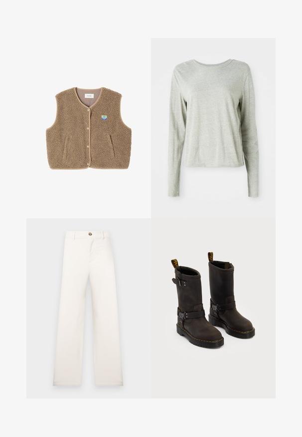 Gilet en polaire marron avec une texture douce, encolure ronde, fermeture à pression à l'avant et poches latérales ; présente un petit patch logo.; Chemise à manches longues grise claire en tissu doux, avec un col rond et une coupe décontractée. Détails de couture le long des côtés.; Pantalon beige à jambe large en tissu texturé. Comprend une fermeture à boutons à l'avant et des passants pour ceinture. Design simple et épuré sans motifs.; Bottes en cuir marron foncé au design mi-mollet, avec des coutures jaunes, des sangles à boucle réglables et des tirettes en haut. Fini texturé.