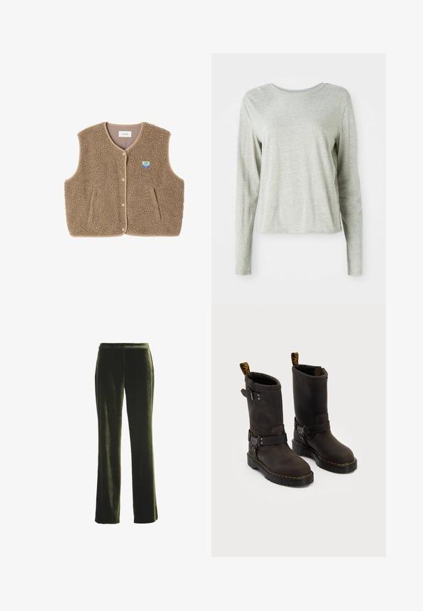 Smeđa flis prsluk s mekom teksturom, okruglim izrezom, prednjim zatvaranjem na kopču i bočnim džepovima; sadrži malu oznaku loga.; Svijetlosiva majica dugih rukava izrađena od mekog materijala, s okruglim izrezom i opuštenim krojem. Šavovi su detaljno izrađeni duž bočnih strana.; Tamnozelene baršunaste hlače ravnog kroja s elastičnim pojasom, prikazane ravno na bijeloj pozadini.; Tamno smeđe kožne čizme srednje visine, sa žutim šavovima, podesivim kopčama i ručicama za povlačenje na vrhu. Teksturirana površina.