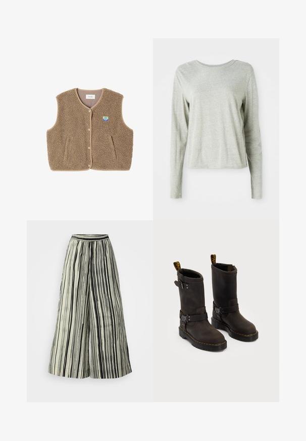 Hnedý fleecový vest s mäkkou štruktúrou, okrúhlym výstrihom, predným zapínaním na cvoky a bočnými vreckami; obsahuje malé logom.; Svetlošedá dlhá rukávová košeľa vyrobená z mäkkej látky, s okrúhlym výstrihom a voľným strihom. Švy podél strán.; Široké nohavice v krémovej farbe s vertikálnymi čiernymi pruhmi. Majú elastický pás a jemnú textúru látky, čo vytvára hodvábny siluetu.; Tmavohnedé kožené čižmy s dizajnom do polovice lýtok, žltým šitím, nastaviteľnými prackami a pútkami na vrchu. Štruktúrovaný povrch.