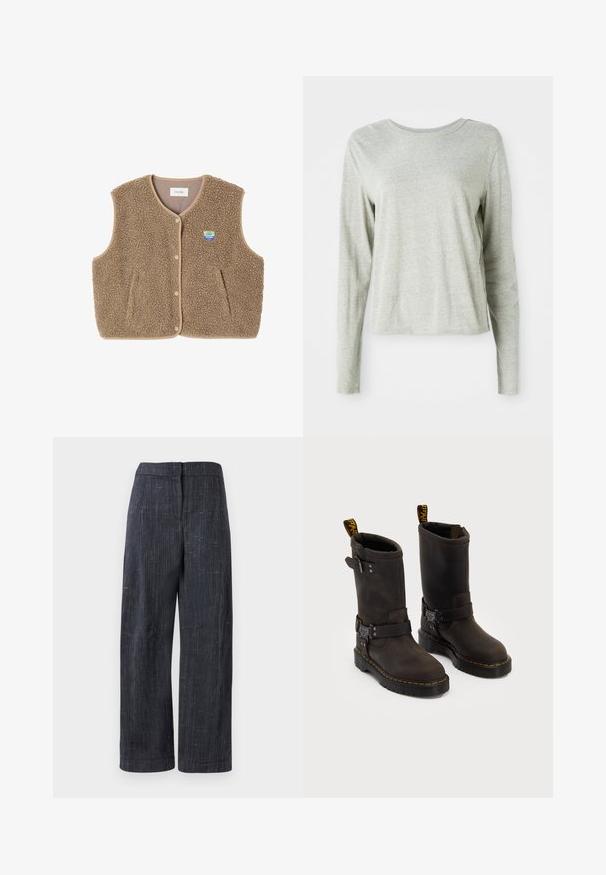 Pruun fliistekampsun pehmea tekstuuriga, ümar kaelus, eesnööbiga sulgemine ja küljetaskud; sisaldab väikest logo silti.; Heledane hallide särk pikkade varrukatega, pehmest kangast, ümmarguse kaelusega ja mugava lõikega. Õmblusdetailid külgedel.; Tumedashalli laiad püksid, millel on peene tekstuuriga koemine, kõrge vöökoht ja peidetud eesmine kinnitus.; Tumedate pruunid nahast saapad keskmise kannaga, kollased õmblused, reguleeritavad klambrid ja tõmblukud ülaosas. Marmoreeritud viimistlus.