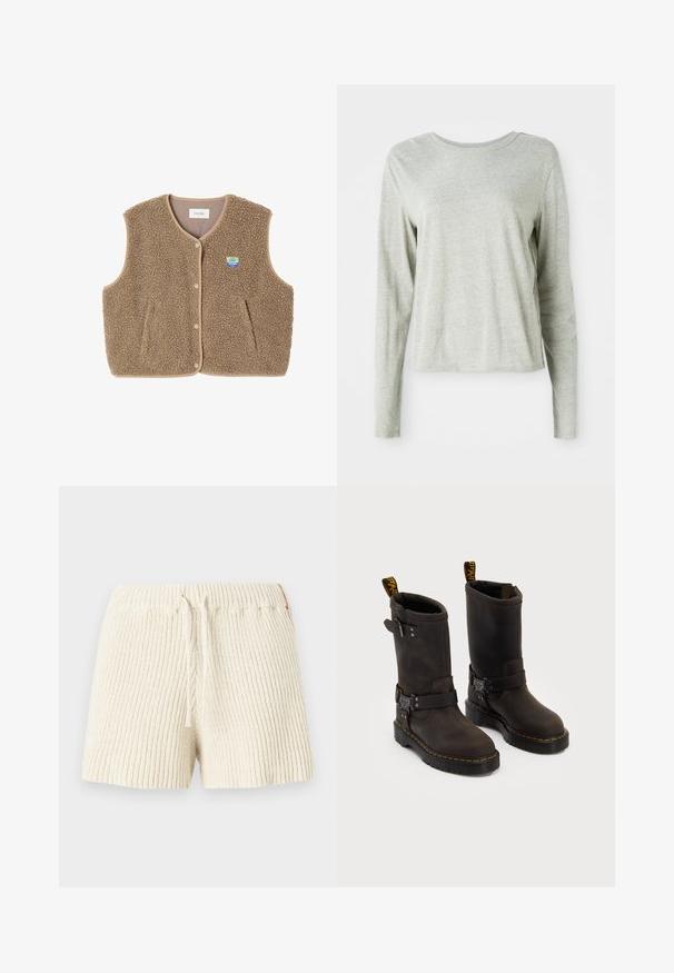 Chaleco de forro polar marrón con una textura suave, escote redondeado, cierre frontal de botones a presión y bolsillos laterales; presenta un pequeño parche con el logo.; Camisa de manga larga gris claro, hecha de una tela suave, con un escote redondo y un corte relajado. Detalles de costura a lo largo de los lados.; Shorts de punto color crema con textura acanalada, cinturilla elástica y cordón. Presenta una pequeña etiqueta de acento en el costado.; Botas de cuero marrón oscuro con un diseño a media pantorrilla, costuras amarillas, correas de hebilla ajustables y lengüetas de tirón en la parte superior. Acabado texturizado.