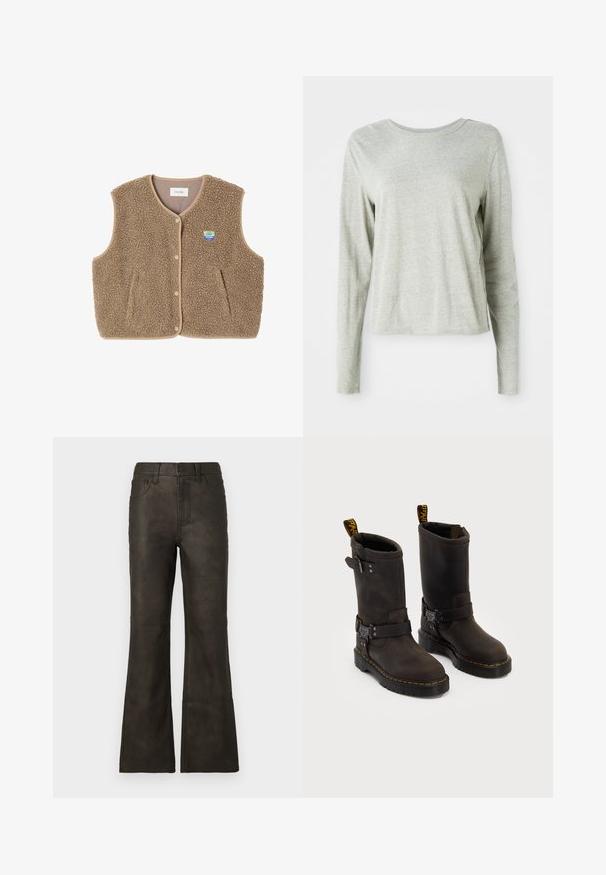 Hnědá fleecová vesta s jemnou texturou, kulatým výstřihem, předním zapínáním na patentky a bočními kapsami; má malou nášivku s logem.; Světle šedá košile s dlouhým rukávem vyrobená z měkké tkaniny, s kulatým výstřihem a uvolněným střihem. Švy podél boků.; Hnědé džíny z umělé kůže s rozšířenými nohavicemi a hladkým povrchem, vybavené pěti kapsami a zipovým zapínáním. Kontrastní prošití podél švů.; Tmavě hnědé kožené boty se středně dlouhým designem, žlutým prošíváním, nastavovacími přezkami a poutky na vršku. Texturovaný povrch.