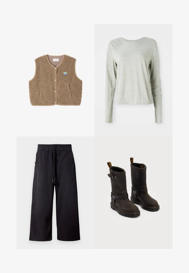 Pruun fliistekampsun pehmea tekstuuriga, ümar kaelus, eesnööbiga sulgemine ja küljetaskud; sisaldab väikest logo silti.; Heledane hallide särk pikkade varrukatega, pehmest kangast, ümmarguse kaelusega ja mugava lõikega. Õmblusdetailid külgedel.; Mustad mustad püksid, mis on valmistatud puuvillast, elastse vöökoha ja paelaga, kahe küljetaskuga ning sileda, mati tekstuuriga.; Tumedate pruunid nahast saapad keskmise kannaga, kollased õmblused, reguleeritavad klambrid ja tõmblukud ülaosas. Marmoreeritud viimistlus.