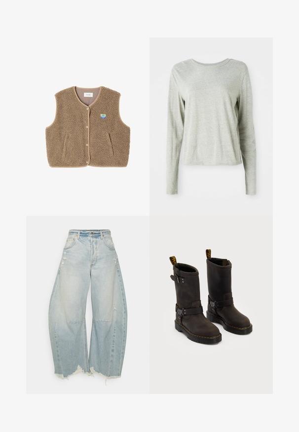 Ruskea fleece-liivi, jossa on pehmeä rakenne, pyöreä kaula-aukko, edessä nappisuljenta ja sivutaskut; sisältää pienen logopatchin.; Vaaleanharmaa pitkähihaista paitaa, jossa on pehmeä materiaali, pyöreä pääntie ja rento istuvuus. Saumat yksityiskohtina sivuilla.; Vaaleansiniset leveät farkut, joissa on haalistunut pesu, kuluneet yksityiskohdat ja purkautuva helma. Edessä taskut ja klassinen nappikiinnitys.; Tummanruskeat nahkakengät, joissa on keskipolven pituinen muotoilu, keltaiset ompeleet, säädettävät solkihihnat ja vetonauhat ylhäällä. Rapeutettu pinta.