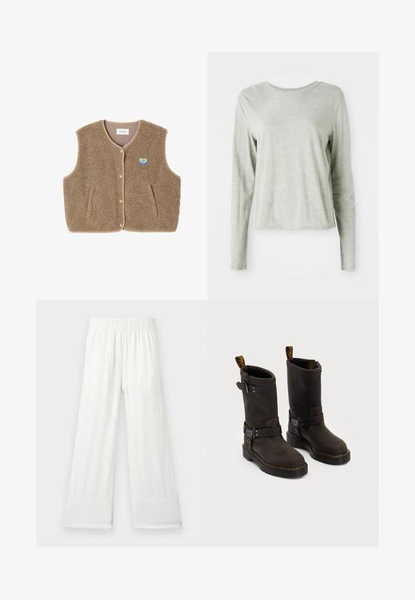 Brauner Fleece-Weste mit weicher Textur, runder Ausschnitt, vorderer Druckverschluss und Seitentaschen; verfügt über ein kleines Logo-Patch.; Helles graues Langarmshirt aus weichem Stoff, mit einem runden Halsausschnitt und lockerem Schnitt. Nahtdetails an den Seiten.; Weiße, leichte Hose mit weitem Bein und elastischem Bund. Glattes Gewebe, ohne sichtbare Muster. Saum am Knöchel gesäumt.; Dunkelbraune Lederstiefel mit einem Design bis zur Mitte der Wade, gelben Nähten, verstellbaren Schnallenriemen und Zuglaschen oben. Strukturierte Oberfläche.