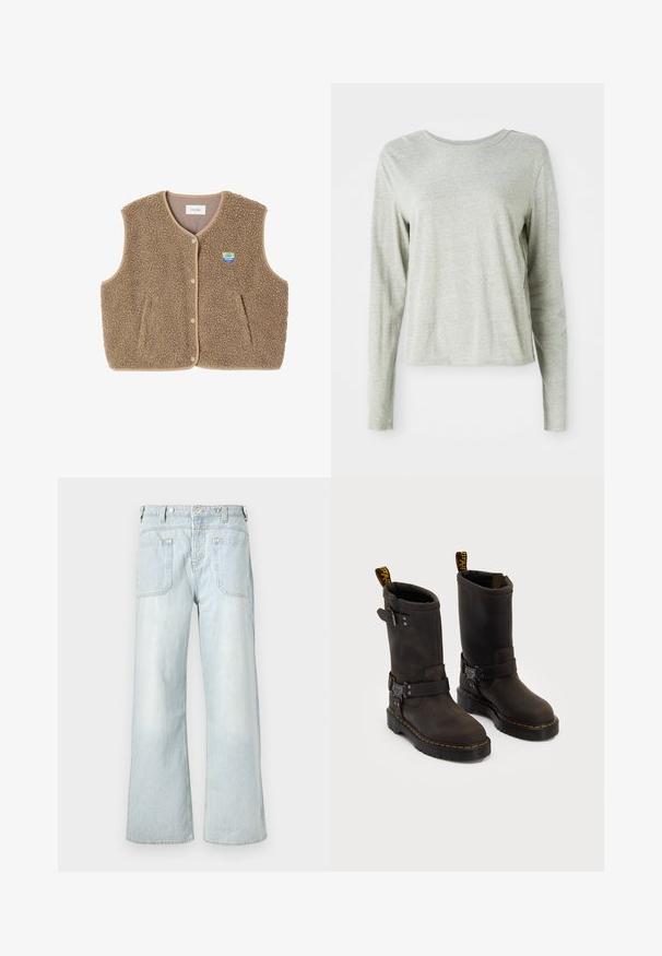 Smeđa flis prsluk s mekom teksturom, okruglim izrezom, prednjim zatvaranjem na kopču i bočnim džepovima; sadrži malu oznaku loga.; Svijetlosiva majica dugih rukava izrađena od mekog materijala, s okruglim izrezom i opuštenim krojem. Šavovi su detaljno izrađeni duž bočnih strana.; Svijetloplave traper široke hlače s visokim strukom, dva stražnja džepa i suptilnim izblijedjenjem, s žutim naglašenim šavovima.; Tamno smeđe kožne čizme srednje visine, sa žutim šavovima, podesivim kopčama i ručicama za povlačenje na vrhu. Teksturirana površina.