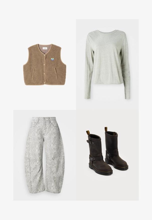 Brun fleeceväst med en mjuk textur, rundad halsringning, knappstängning fram och sidofickor; har en liten logopatch.; Ljust grå långärmad skjorta av mjukt tyg, med rund halsringning och avslappnad passform. Söm detaljer längs sidorna.; Rökmönstrade vida jeans i ljusgrått och kräm. Denim material, femfickorsdesign med synliga sömmar och knappstängning.; Mörkbruna läderstövlar med medellång design, gula sömmar, justerbara spännband och dragflikar upptill. Texturerad yta.